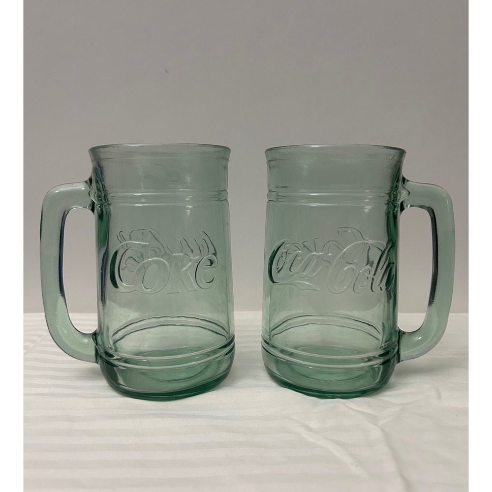 Vintage Coca Cola Georgia Green Glass Heavy Mug Cup Set - Matching Pair 1990s
